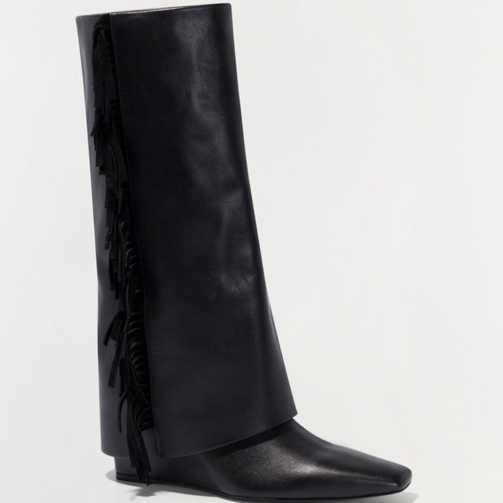 SIMKHAI Quinn Fringe Boot in Black leather knee high wedge heeled fold over